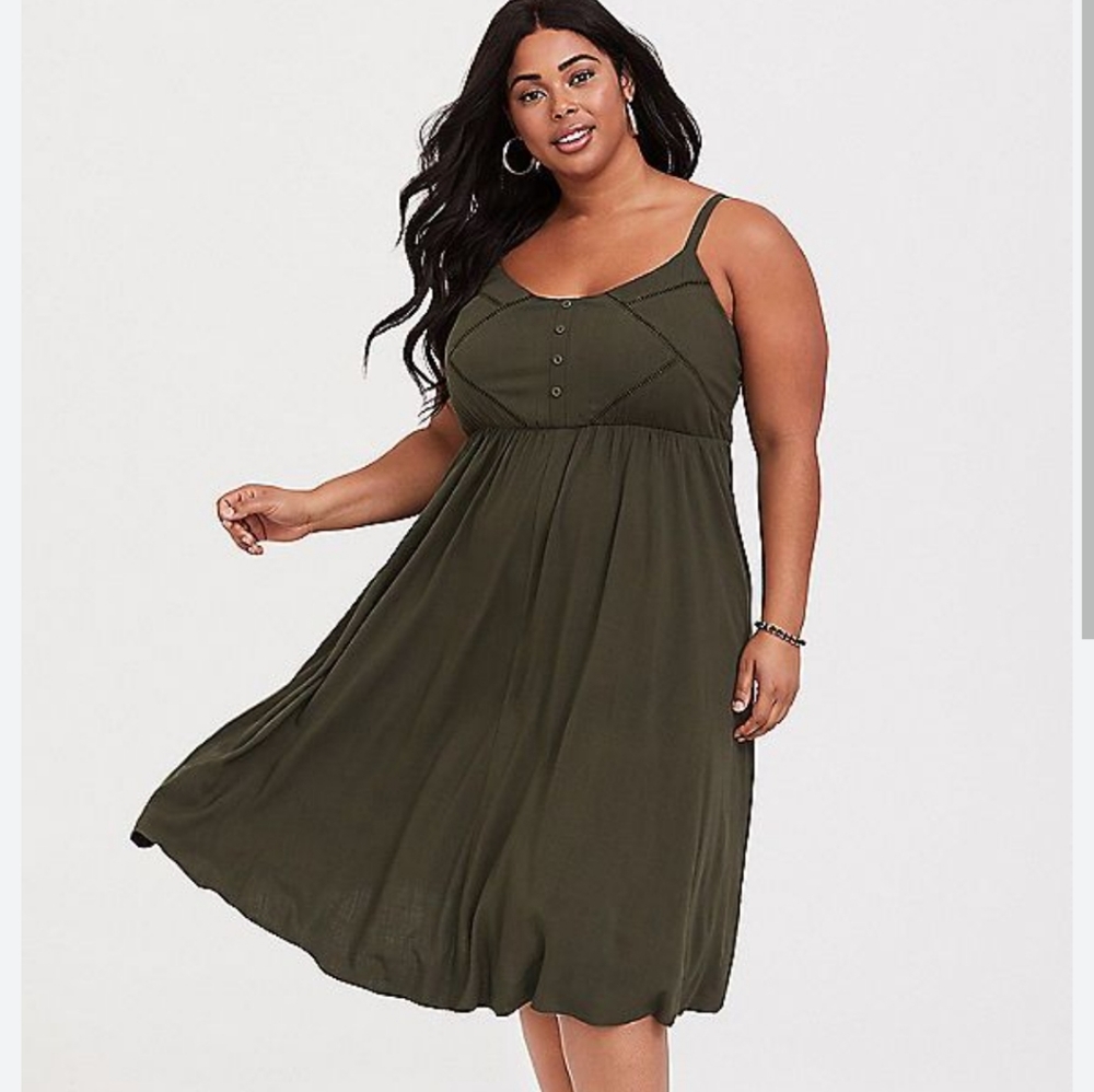 TORRID Olive Green Midi Button Front Skater Dress, Size 2x